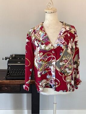 Citron Santa Monica Silk Linen Blend Asian Graphic Print Shirt - Size Large